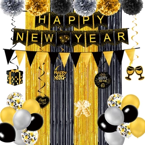 Black and gold Happy New Year party decoration set with banners, balloons and paper fans