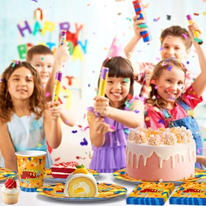 Kids celebrating with Dragon Ball themed orange birthday party tableware and confetti