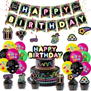 Neon-Disco-Geburtstagsparty-Deko-Set mit Happy Birthday Banner und Glow-Ballons