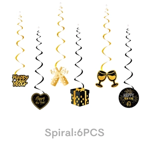 6-teiliges Spiral-Deko-Set in Schwarz und Gold mit Happy New Year Motiven für Partys