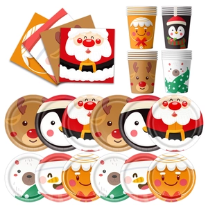 Christmas disposable dinnerware set with Santa, reindeer, and snowman cartoon patterns