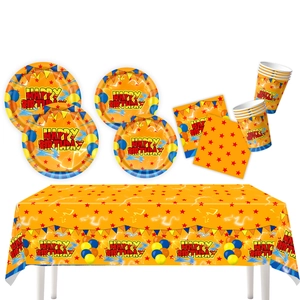 Orange birthday party tableware set with Happy Birthday paper plates, cups and tablecloth