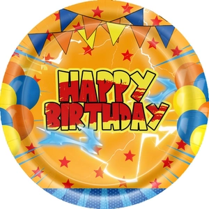 Vibrant orange Dragon Ball themed Happy Birthday paper plate with stars and balloons decoration