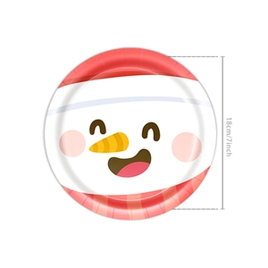 7-inch disposable paper plate with a festive cartoon snowman face and red striped border