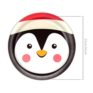 Detail of 9-inch Christmas penguin paper plate for birthday party table decoration