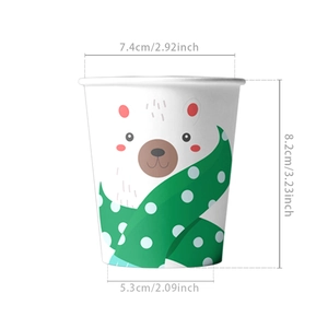 Detail view of polar bear paper cup with dimensions 7.4cm width and 8.2cm height