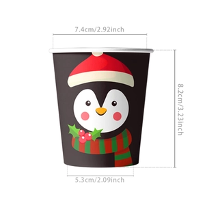 Detailed size chart for Christmas penguin paper cup with height and diameter measurements