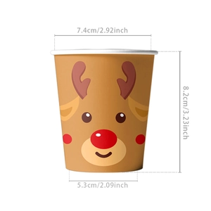 Detailed view of disposable Christmas reindeer paper cup with precise size specifications