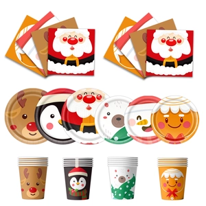 Christmas Disposable Tableware Set Santa Reindeer Pattern Paper Plates Cups Napkins For Holiday Birthday Party Decoration