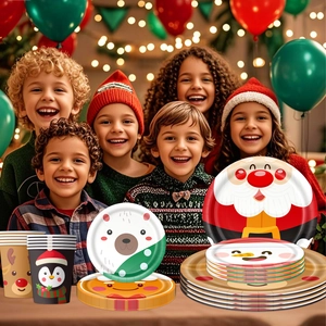 Christmas disposable paper tableware set featuring Santa Claus and reindeer patterns for parties