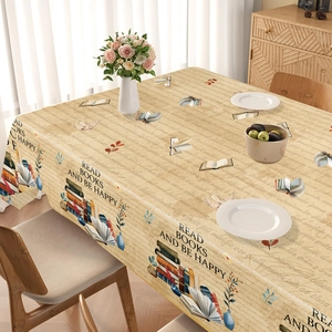 Vintage book theme disposable tablecloth with Read Books and Be Happy floral design