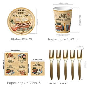Detailed dimensions of vintage book theme party supplies set including plates and cups