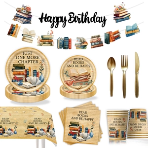 Detail of vintage book-themed party tableware set including paper plates, cups and napkins
