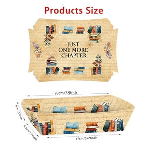 Detailed dimensions of the vintage book party snack tray with Just One More Chapter design