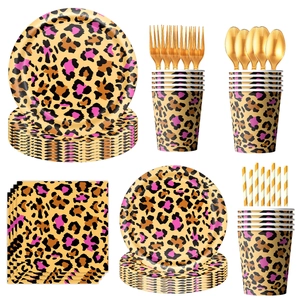 Pink and gold leopard print disposable party tableware set with plates, cups and cutlery