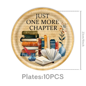 Detail of 9-inch vintage book themed paper plates featuring Just One More Chapter design