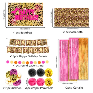 Detailed set of pink leopard birthday party supplies with size specs and banners