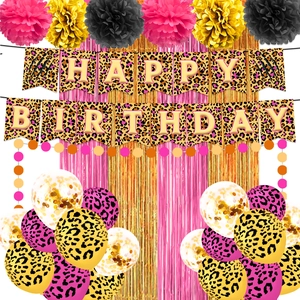 Pink and gold leopard theme birthday party kit with balloons, banner and tassels