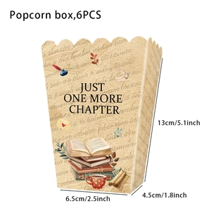 Detail of vintage book theme popcorn boxes with Just One More Chapter text and dimensions