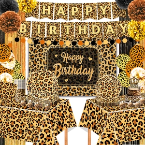 Leoparden-Party-Set mit goldenen Banner, Einweggeschirr, Luftballons und Geburtstagsdeko