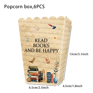 Detail view of 6PCS vintage book themed popcorn boxes with size measurements and floral design