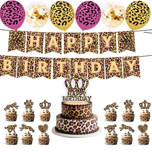 Pink and gold leopard print 1st birthday party set with banners and balloon decorations