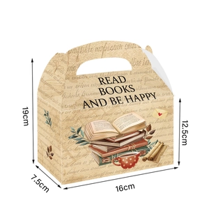 Detail of vintage book-themed paper treat box with handles and dimensions 16x7.5x19cm