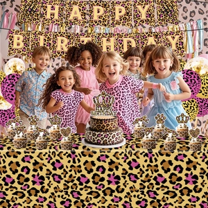 Pink and gold leopard print 1st birthday party set with banner, tablecloth and balloons