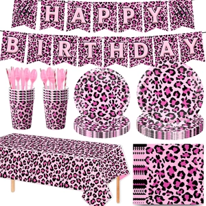 Kit de vaisselle fête d'anniversaire léopard rose avec banderole et gobelets