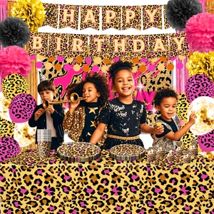 Pink and gold leopard print first birthday party tableware and banner decoration kit