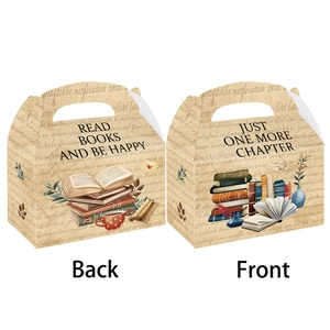 Detail of vintage book themed gift boxes showing front and back designs with literary motifs