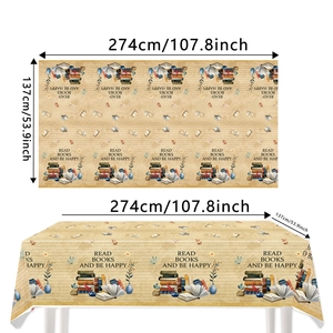 Detail of vintage book theme tablecloth with feather pen prints, 108x54 inches size