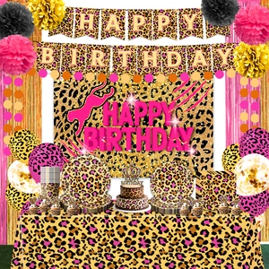 Pink and gold leopard print birthday party set with banners, plates, and tablecloth
