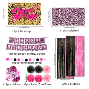 Kit déco anniversaire léopard rose avec bannière, ballons et détail de nappe