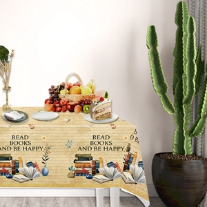 Vintage style tablecloth with 'Read Books and Be Happy' print and retro book illustrations