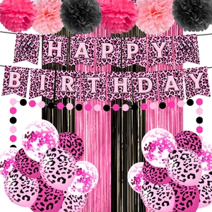 Kit anniversaire léopard rose avec bannière Happy Birthday, ballons et rideaux franges