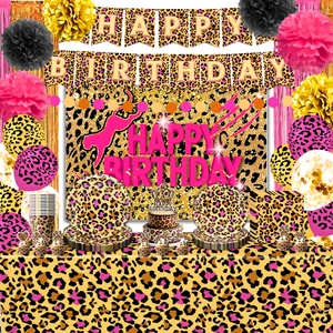 Pink and gold leopard print theme birthday party decoration set with banner and tableware