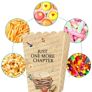 Detail of popcorn box with 'Just One More Chapter' text and vintage literary illustrations