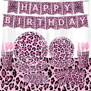 Ensemble Décoration Fête Anniversaire Léopard Rose Bannière Assiettes Gobelets Serviettes Nappe Ballons Fond Décoration Gâteau