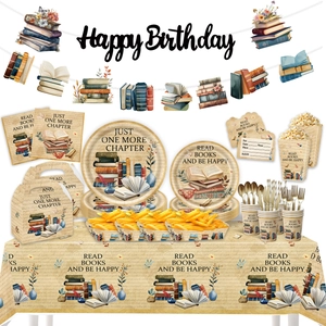 Vintage Book Reading Theme Party Decorations Retro Bookish Birthday Party Plates Napkins Tablecloth Banner Cake Toppers