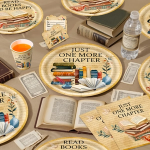 Vintage book themed disposable tableware set with stacked books and quill illustrations