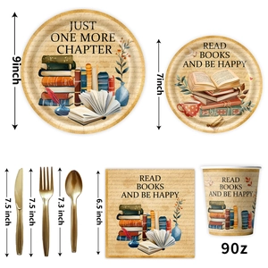 Vintage book themed party tableware set with paper plates, cups and gold cutlery