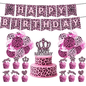 Pink leopard print birthday party set with banner, balloons, and cake toppers