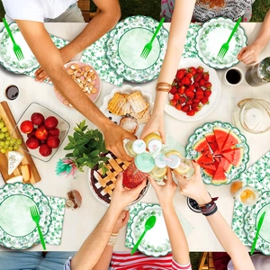 Vue à plat de vaisselle jetable eucalyptus avec assiettes en papier pour le pique-nique