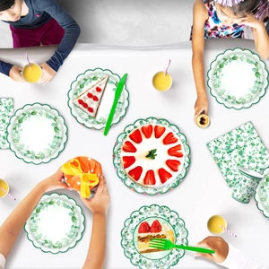 Vue à plat de la vaisselle de fête jetable eucalyptus avec assiettes et gobelets