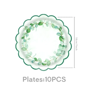 Vue détaillée des assiettes en papier eucalyptus de 18 cm pour décoration de fête