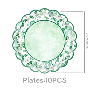 Détail d'assiettes en papier eucalyptus 9 pouces avec bordure ondulée et diamètre de 23cm