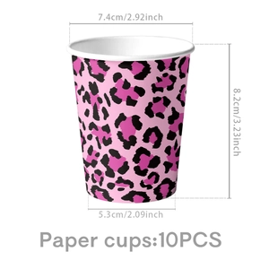 Pink leopard print disposable party paper cups 10pcs set with size measurements