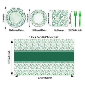 Set de vaisselle de fête eucalyptus avec assiettes serviettes nappe et fourchettes vertes
