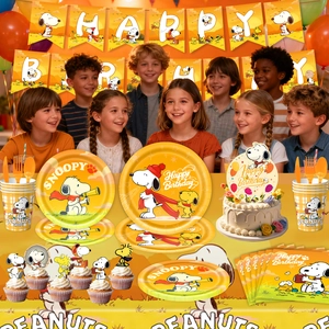 Snoopy theme birthday party supplies set with paper plates, cups, napkins and banner